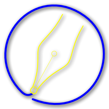 Moinschreiber.de-Logo - gelbe Füllfederhalter-Stahlfeder umrandet von einem blauen Tintenkreis